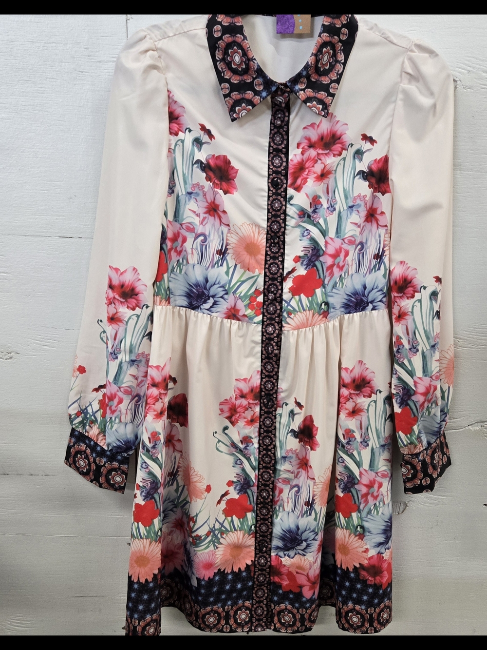 Women's Long Sleeve Floral Shirtdress - Cream with Pink & Blue Flowers NWOT